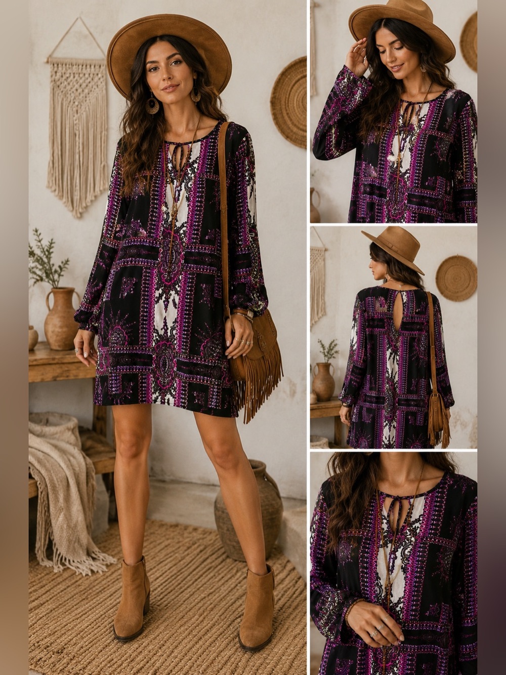 MINKPINK Black and Purple Paisley Long Sleeve Dress